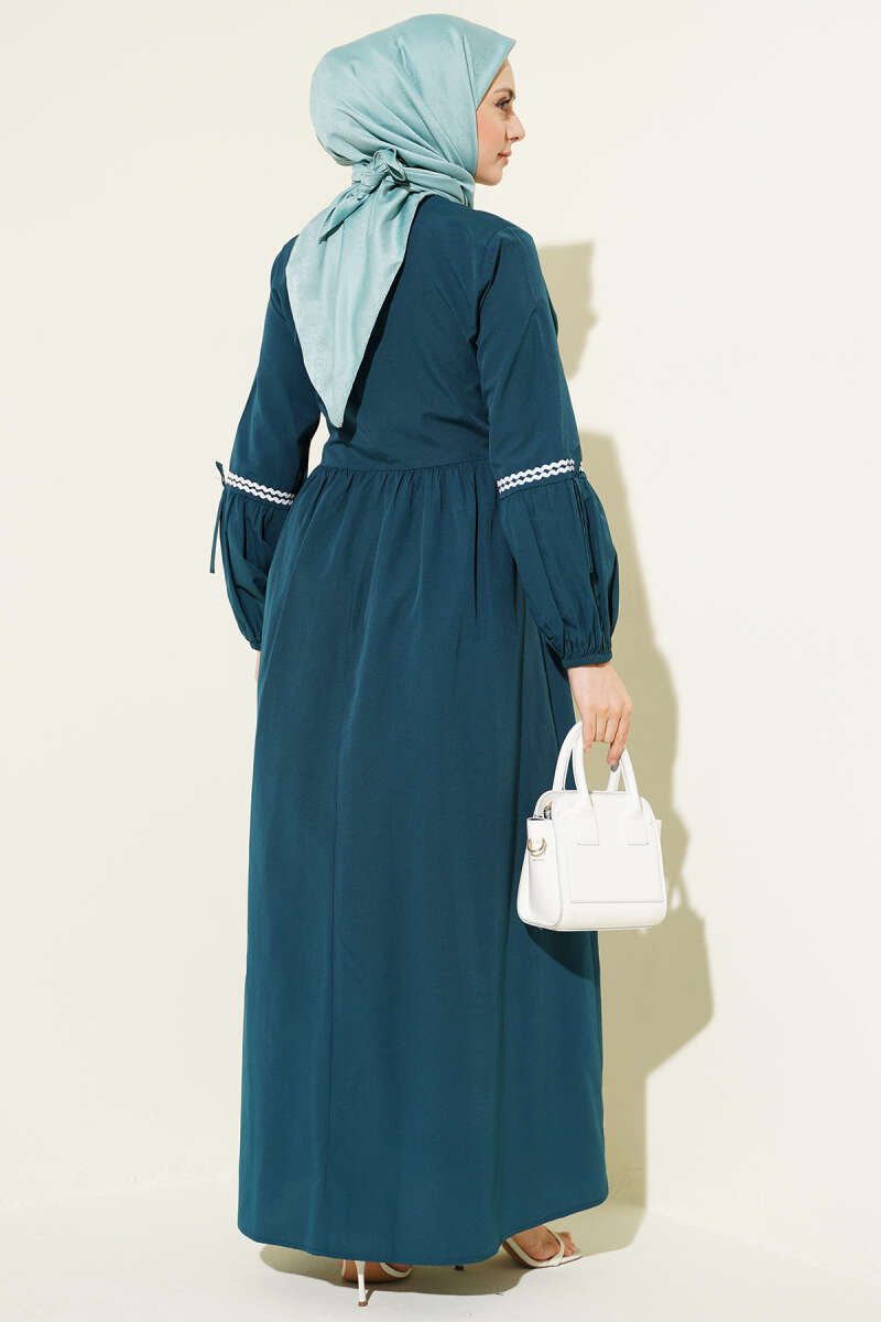 Zigzag Embroidered Poplin Dress with Side Ties - Emerald
