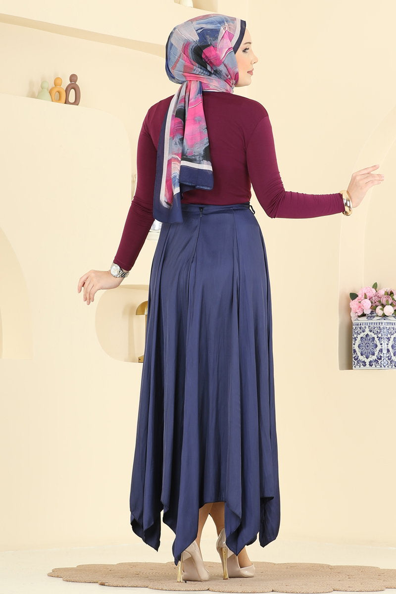 Zigzag-Cut Satin Skirt - Navy