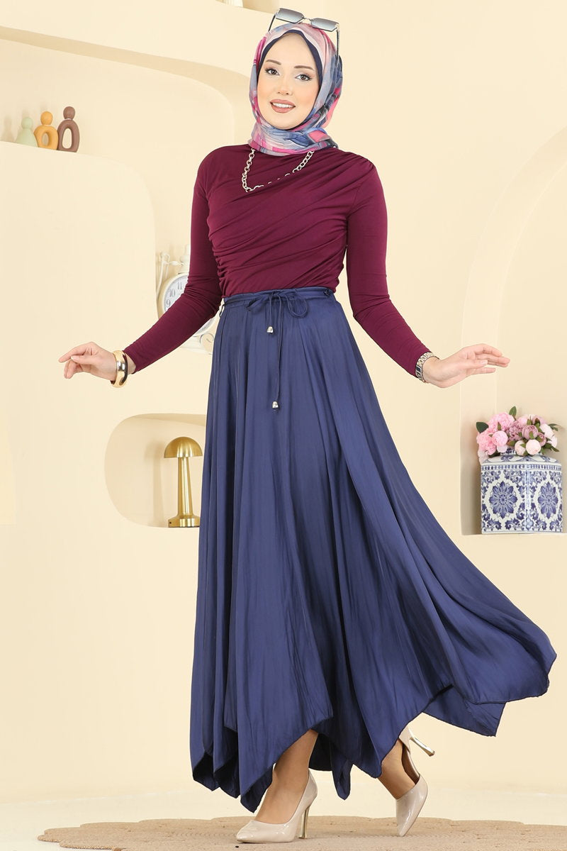 Zigzag-Cut Satin Skirt - Navy