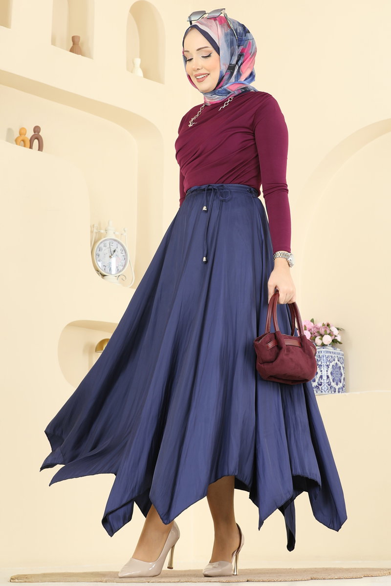 Zigzag-Cut Satin Skirt - Navy