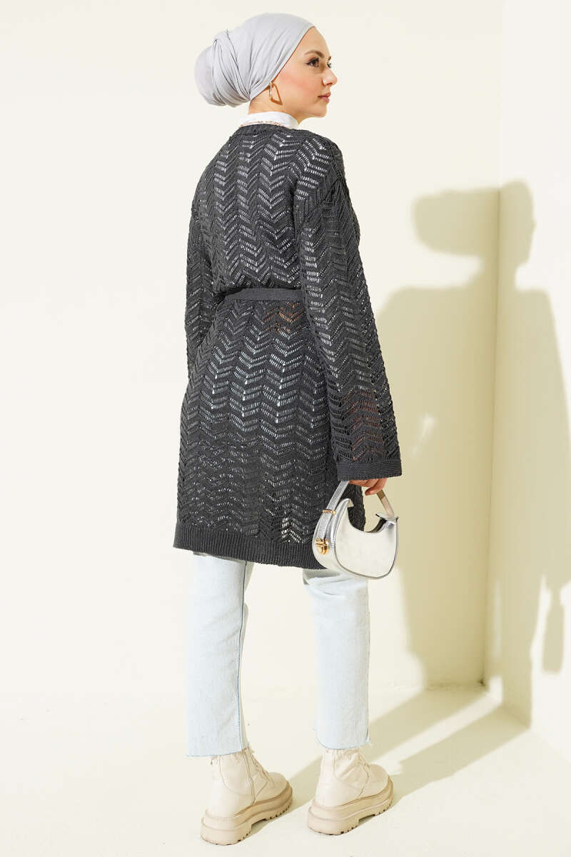 Belted Zigzag Pointelle Knit Cardigan - Charcoal