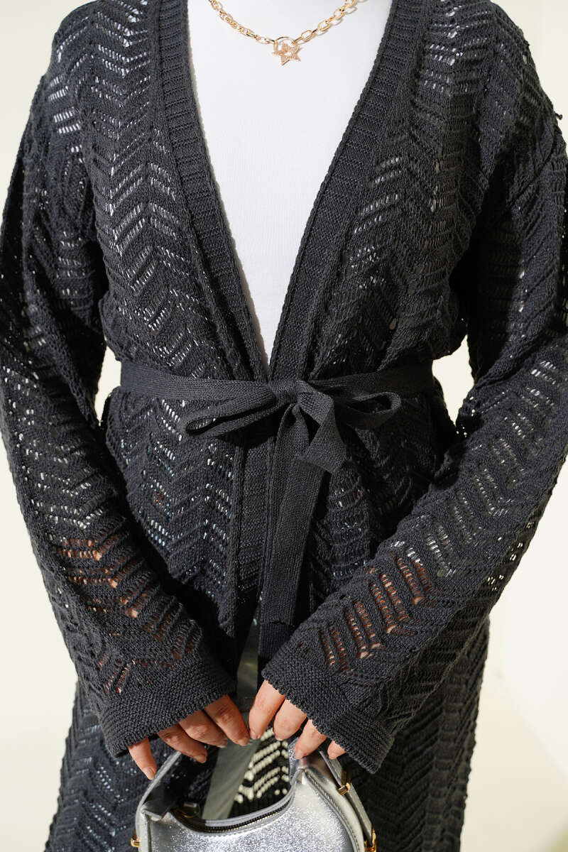 Belted Zigzag Pointelle Knit Cardigan - Charcoal