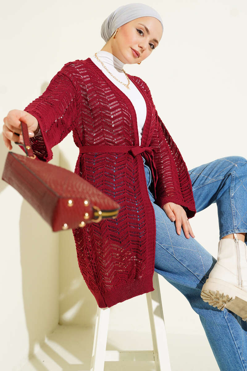 Belted Zigzag Pointelle Knit Cardigan - Burgundy