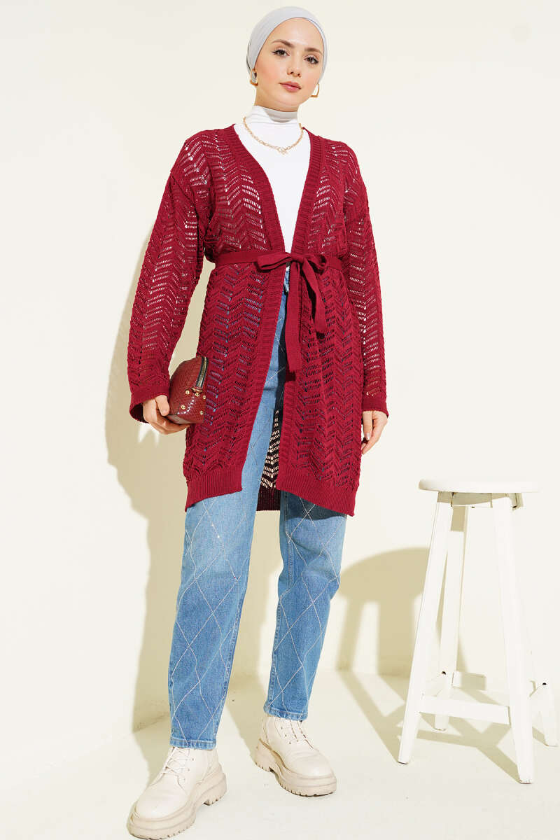 Belted Zigzag Pointelle Knit Cardigan - Burgundy