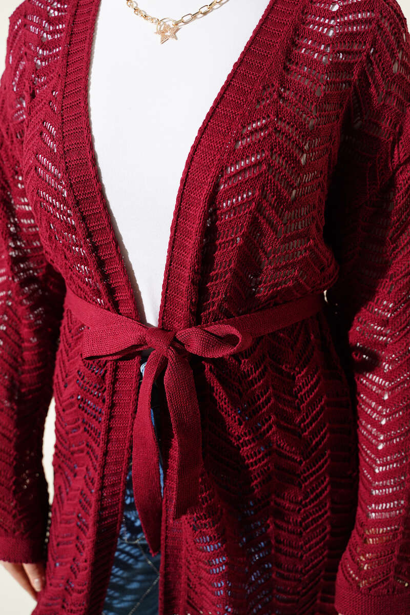 Belted Zigzag Pointelle Knit Cardigan - Burgundy