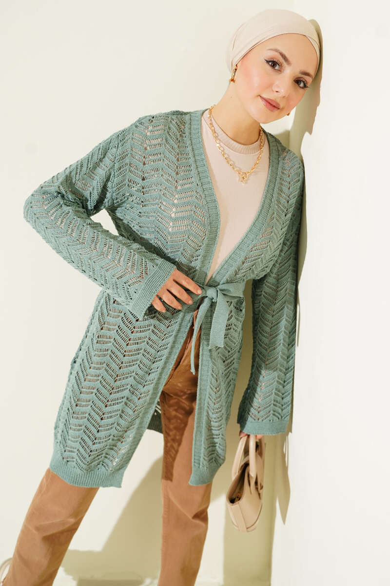 Belted Zigzag Pointelle Knit Cardigan - Almond Green