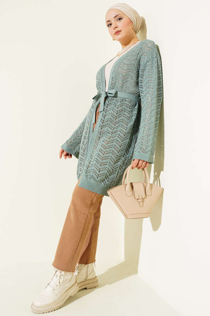 Belted Zigzag Pointelle Knit Cardigan - Almond Green