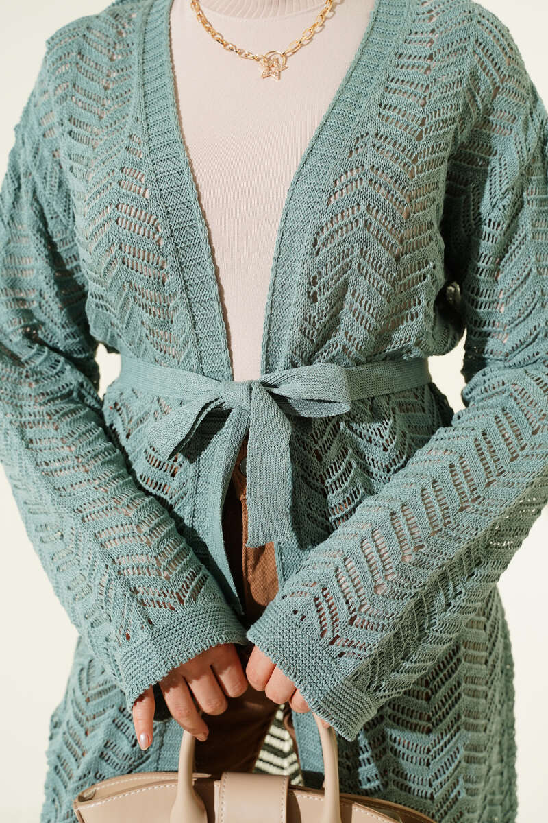 Belted Zigzag Pointelle Knit Cardigan - Almond Green