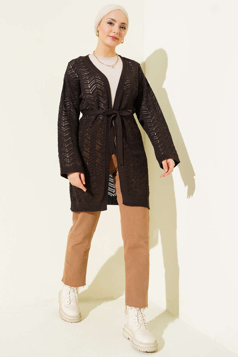 Belted Zigzag Pointelle Knit Cardigan - Brown