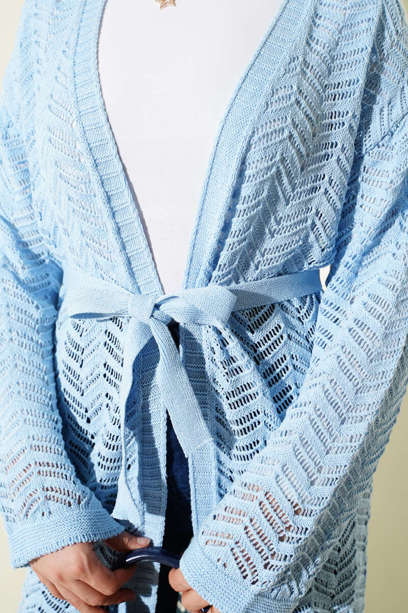 Belted Zigzag Pointelle Knit Cardigan - Blue