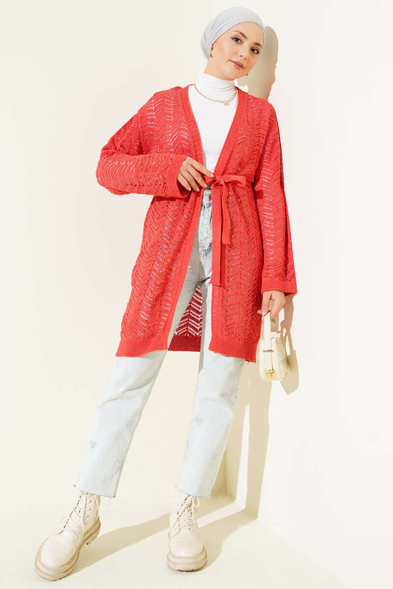 Belted Zigzag Pointelle Knit Cardigan - Coral