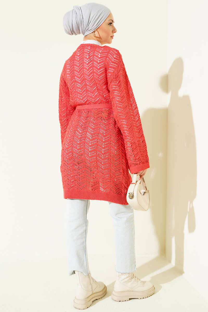 Belted Zigzag Pointelle Knit Cardigan - Coral