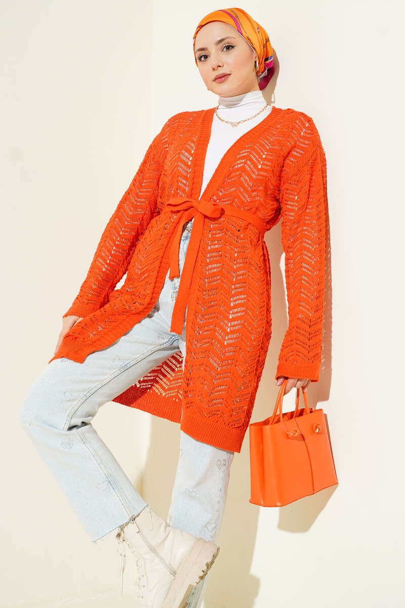 Belted Zigzag Pointelle Knit Cardigan - Orange