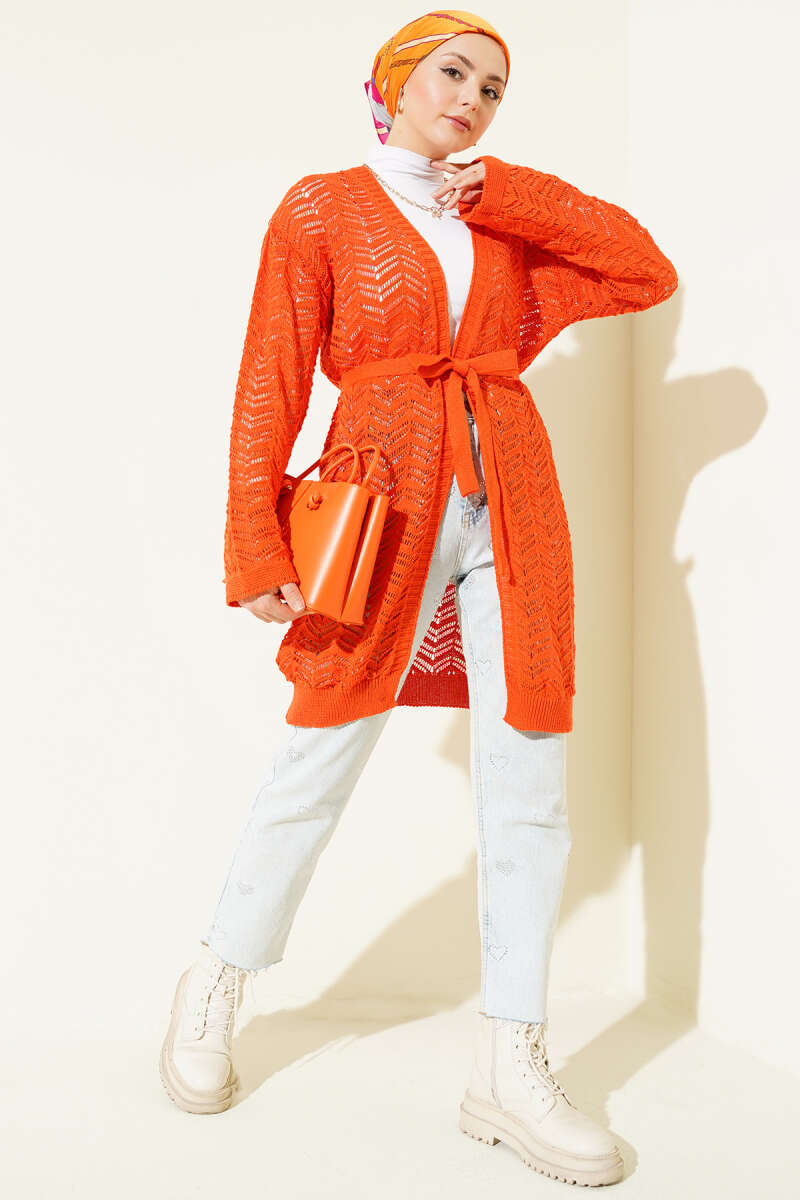 Belted Zigzag Pointelle Knit Cardigan - Orange