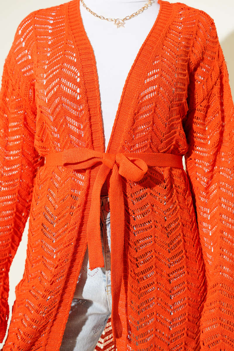 Belted Zigzag Pointelle Knit Cardigan - Orange