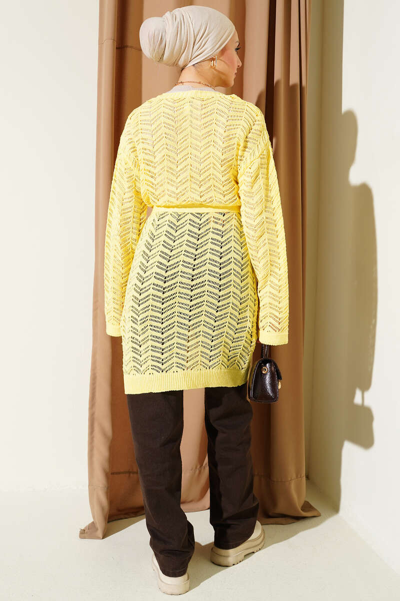 Belted Zigzag Pointelle Knit Cardigan - Yellow