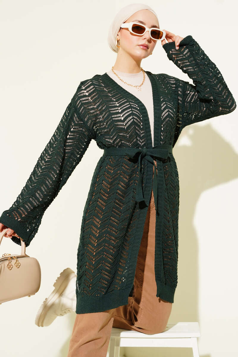 Belted Zigzag Pointelle Knit Cardigan - Emerald