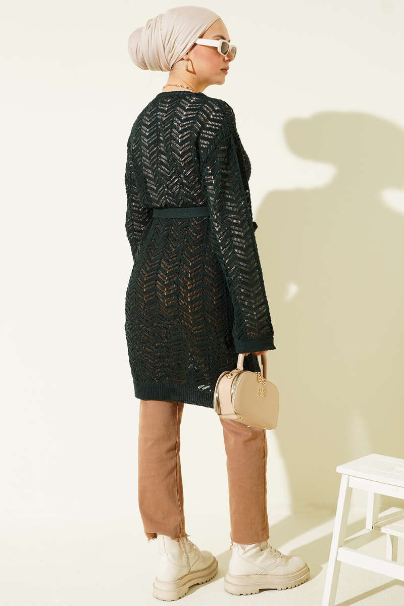 Belted Zigzag Pointelle Knit Cardigan - Emerald