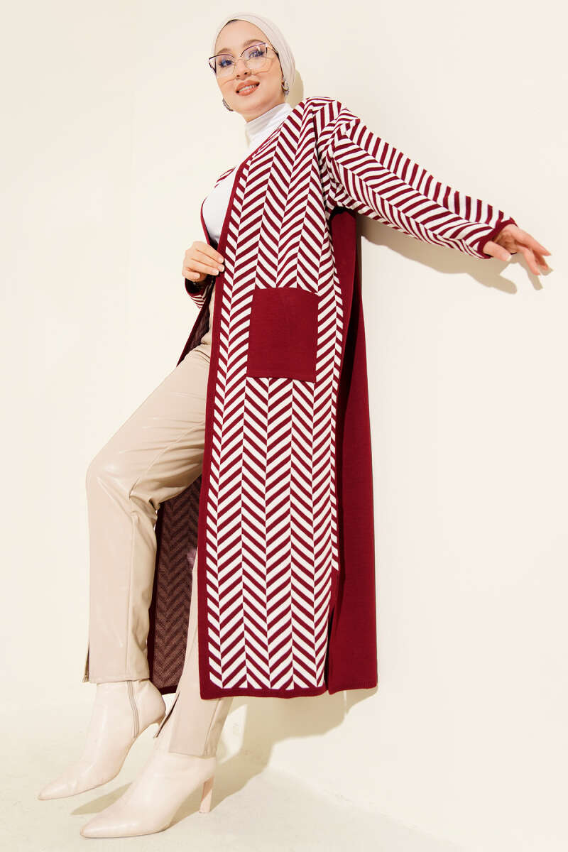 Long Zigzag Stripe Knit Cardigan - Burgundy