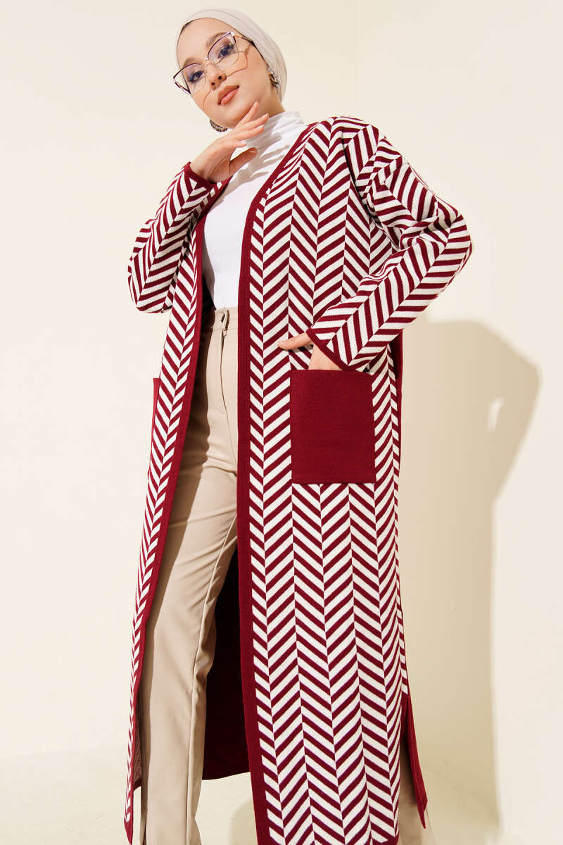 Long Zigzag Stripe Knit Cardigan - Burgundy