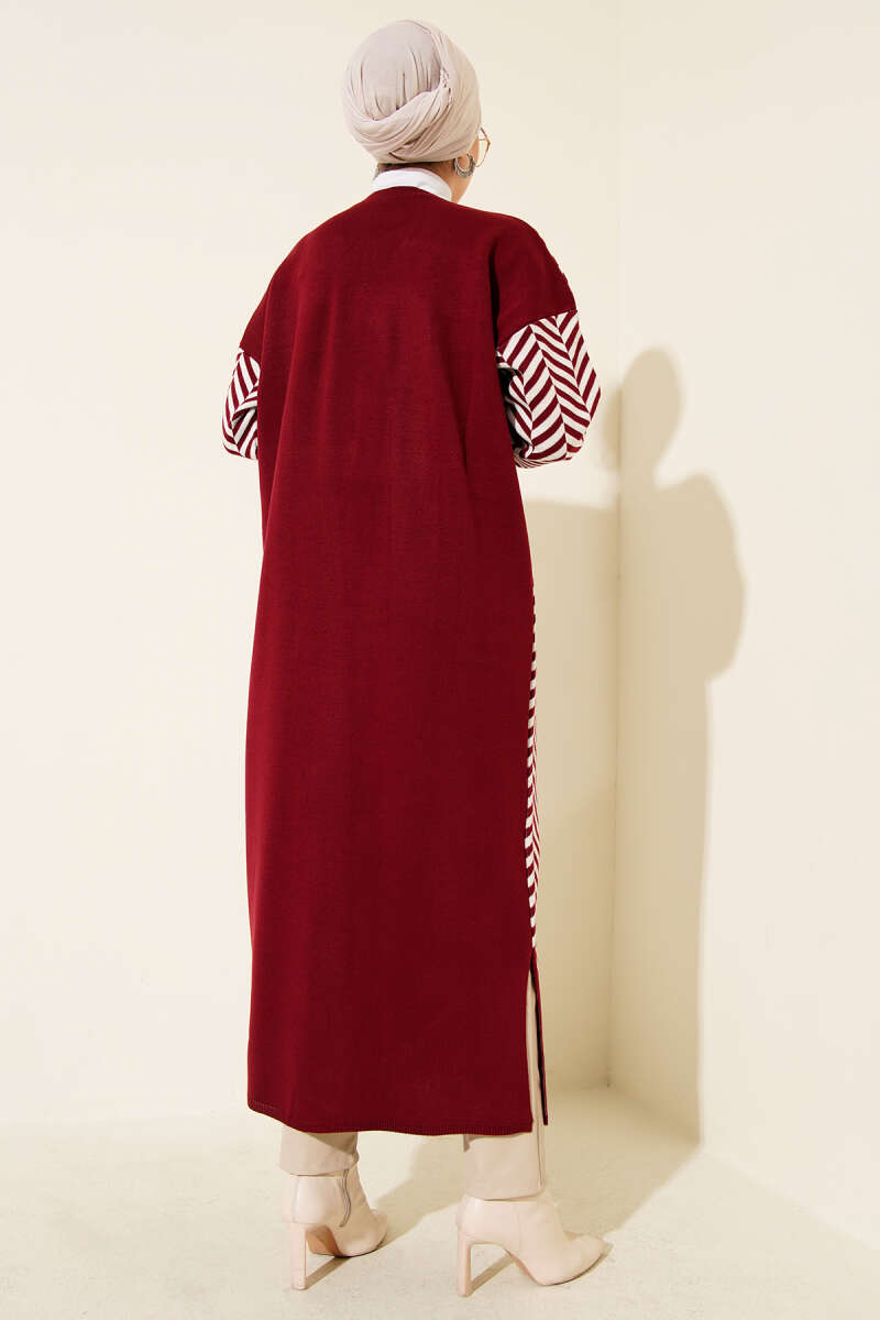 Long Zigzag Stripe Knit Cardigan - Burgundy