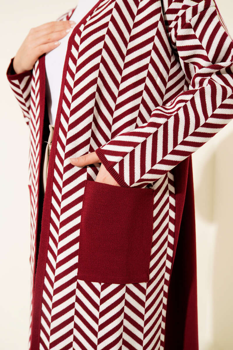Long Zigzag Stripe Knit Cardigan - Burgundy