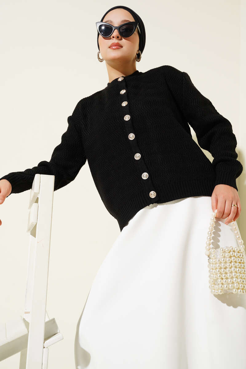 Zigzag Knit Cardigan with Gold Buttons - Black