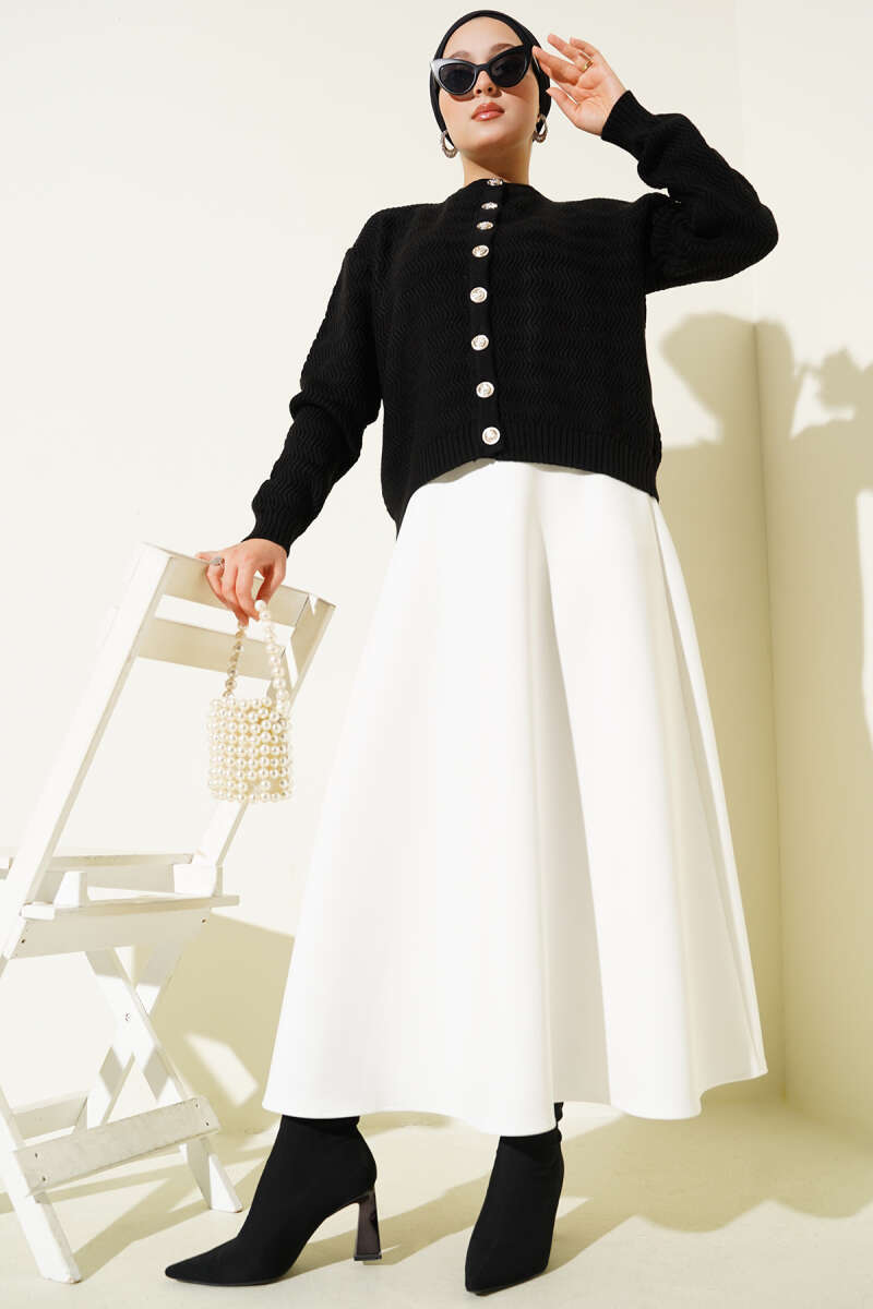 Zigzag Knit Cardigan with Gold Buttons - Black