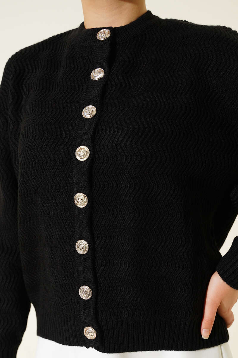 Zigzag Knit Cardigan with Gold Buttons - Black