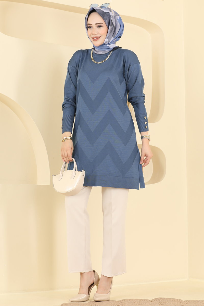 Zigzag Mercerised Tunic - Indigo