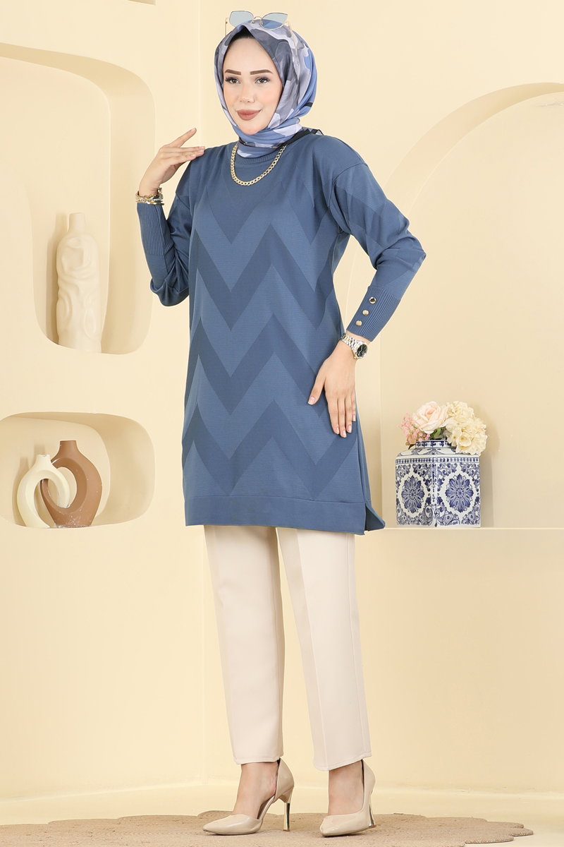 Zigzag Mercerised Tunic - Indigo
