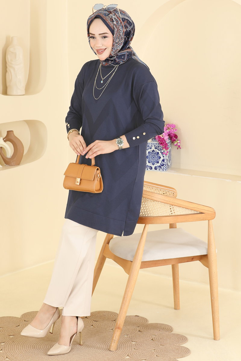 Zigzag Mercerised Tunic - Navy