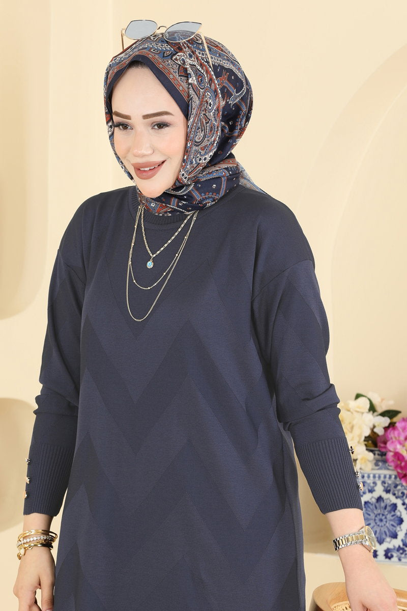 Zigzag Mercerised Tunic - Navy