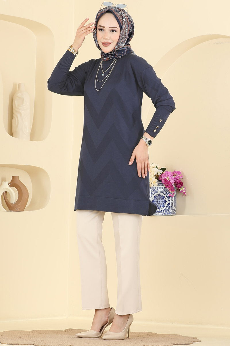 Zigzag Mercerised Tunic - Navy