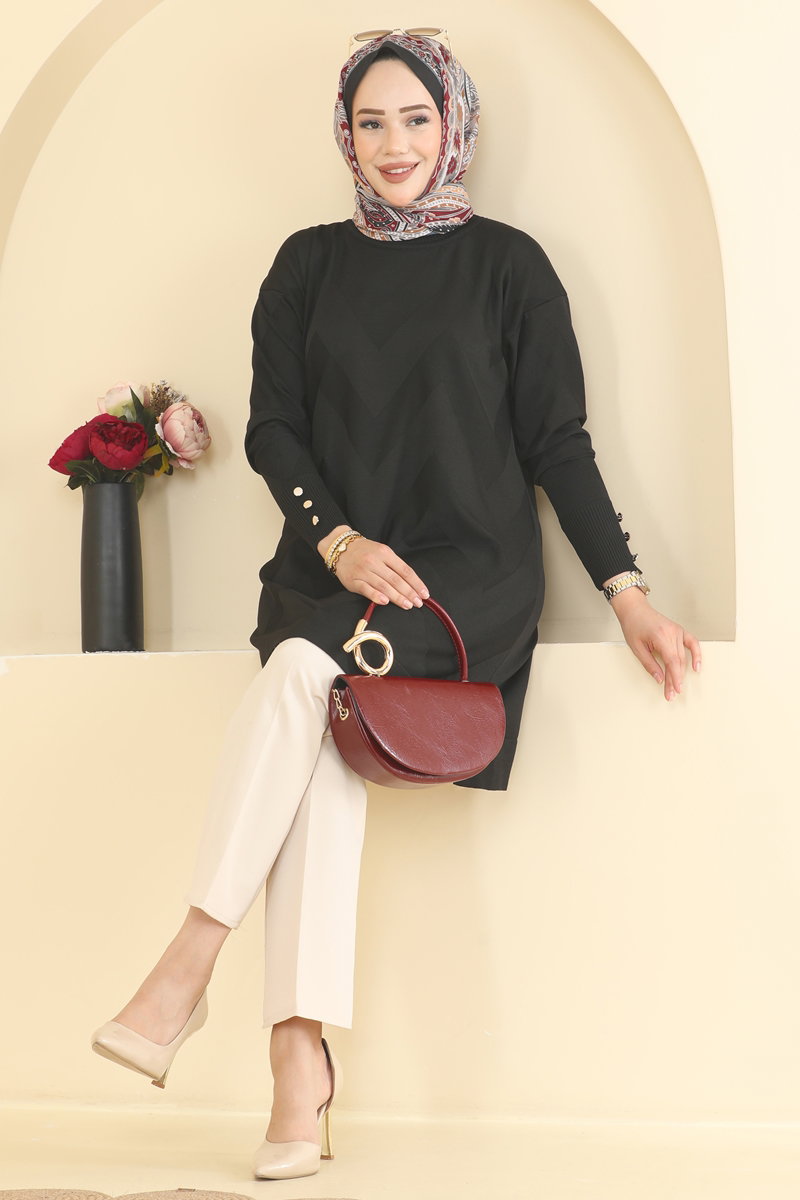 Zigzag Mercerised Tunic - Black