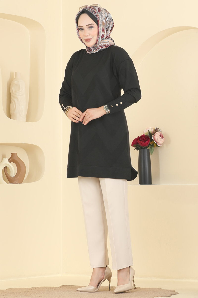 Zigzag Mercerised Tunic - Black