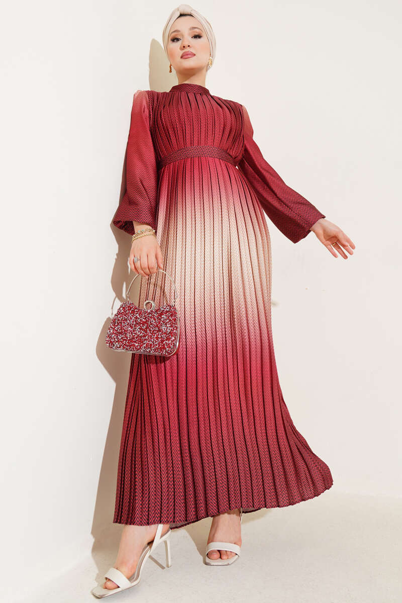Zigzag Plissé Evening Dress - Brick