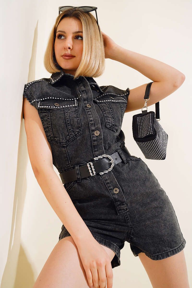 Studded Denim Jumpsuit - Smoke Grey