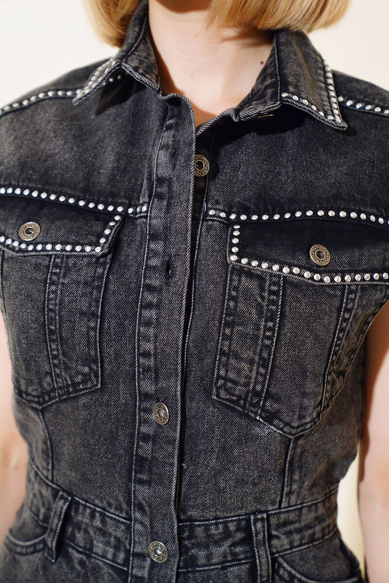 Studded Denim Jumpsuit - Smoke Grey