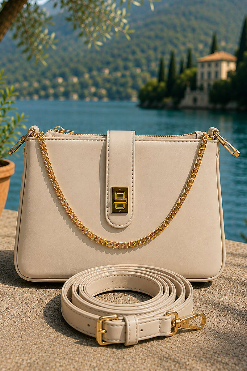 Bag with Chain and Lock Detail - Beige