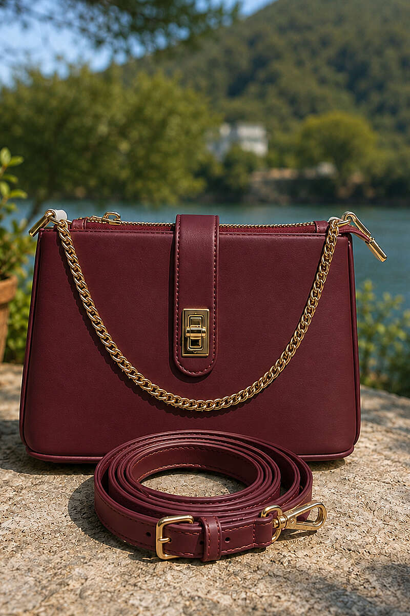 Bag with Chain and Lock Detail - Burgundy