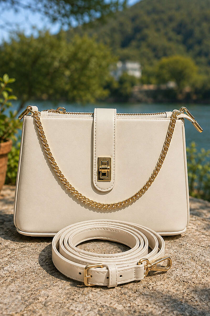 Bag with Chain and Lock Detail - Bone