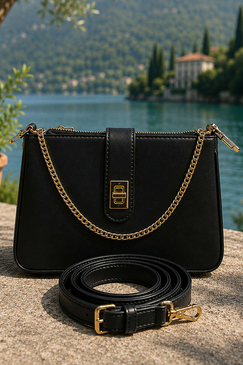 Bag with Chain and Lock Detail - Black