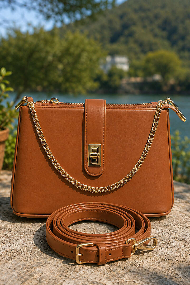 Bag with Chain and Lock Detail - Tan