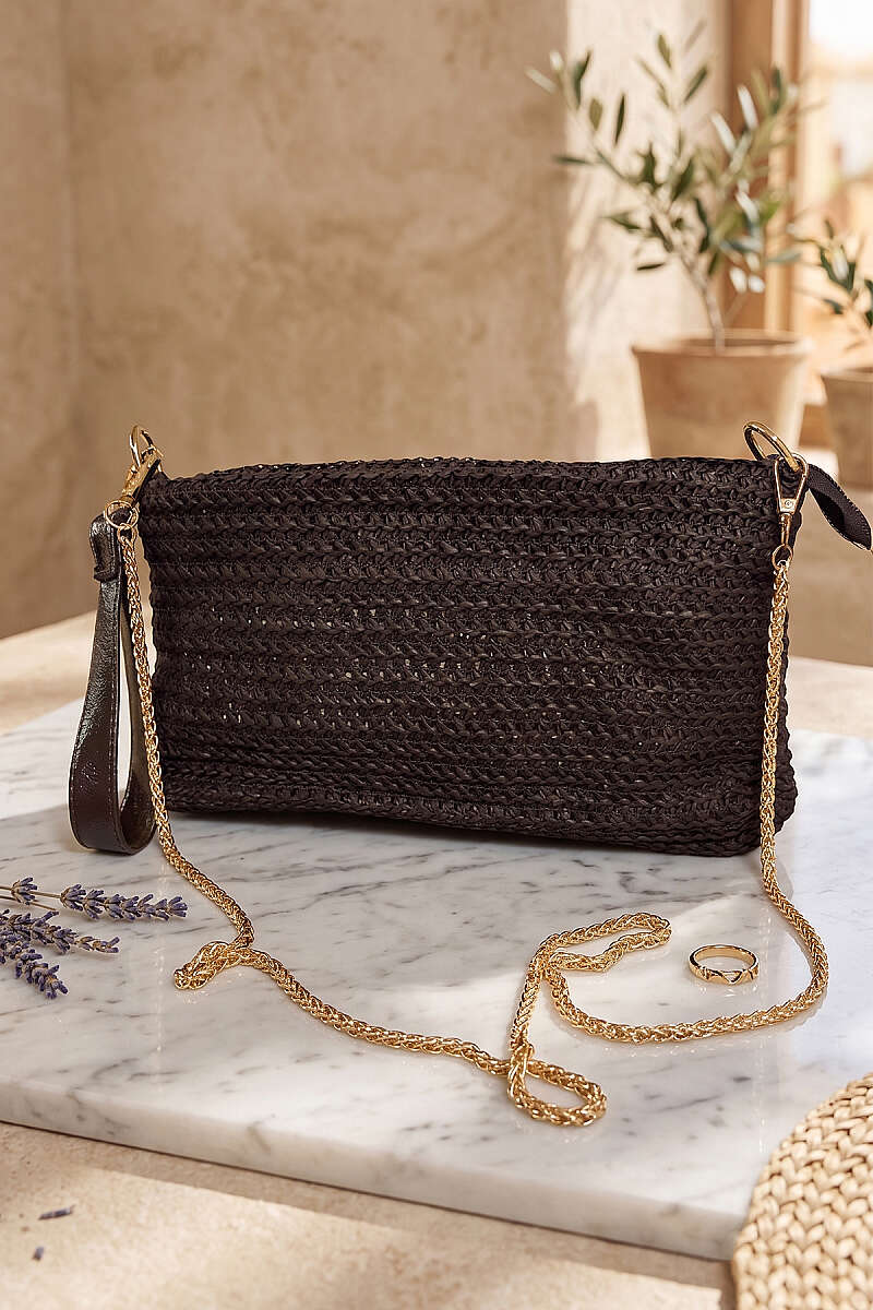 Rectangular Straw Bag with Chain Strap - Dark Brown
