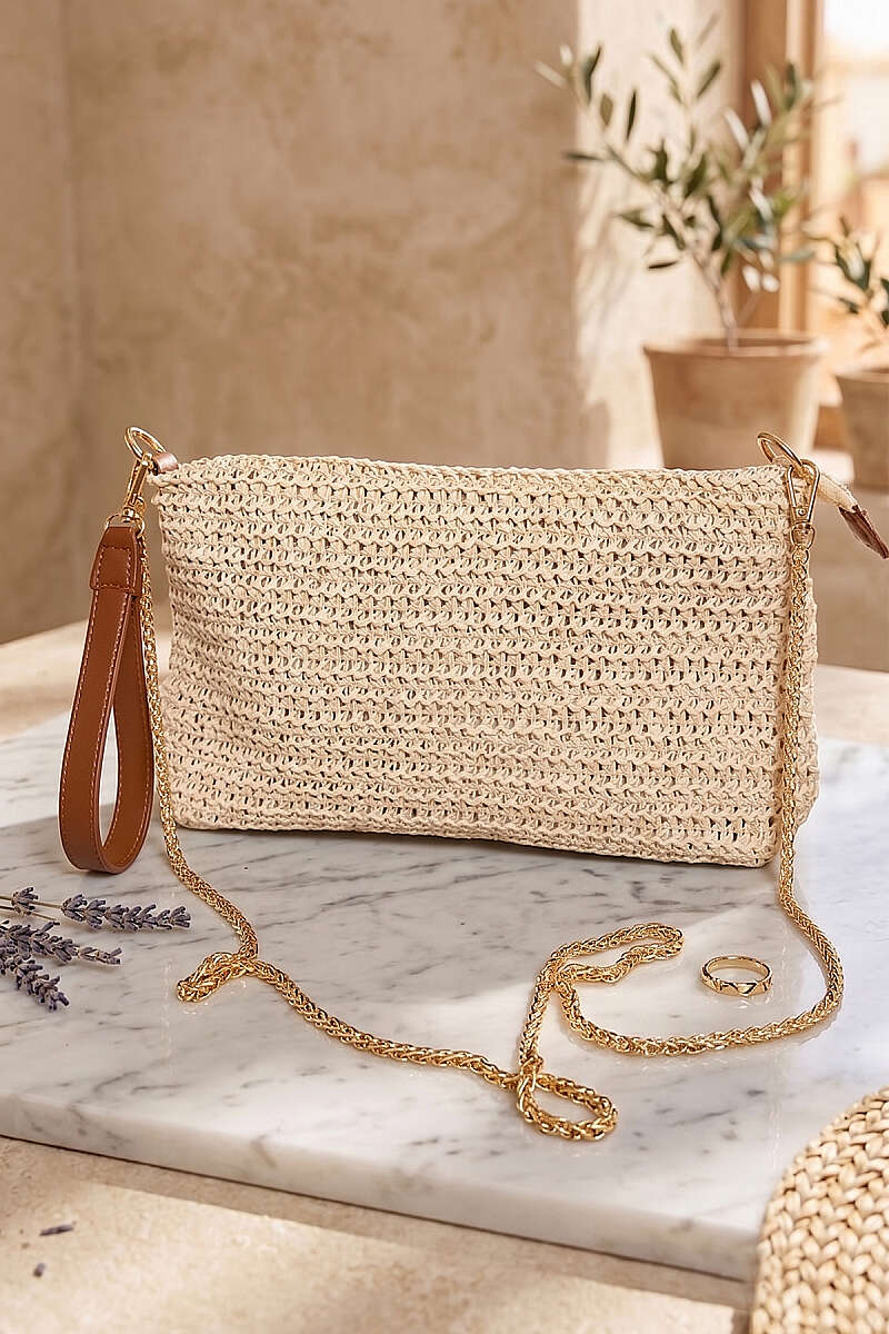 Rectangular Straw Bag with Chain Strap - Beige