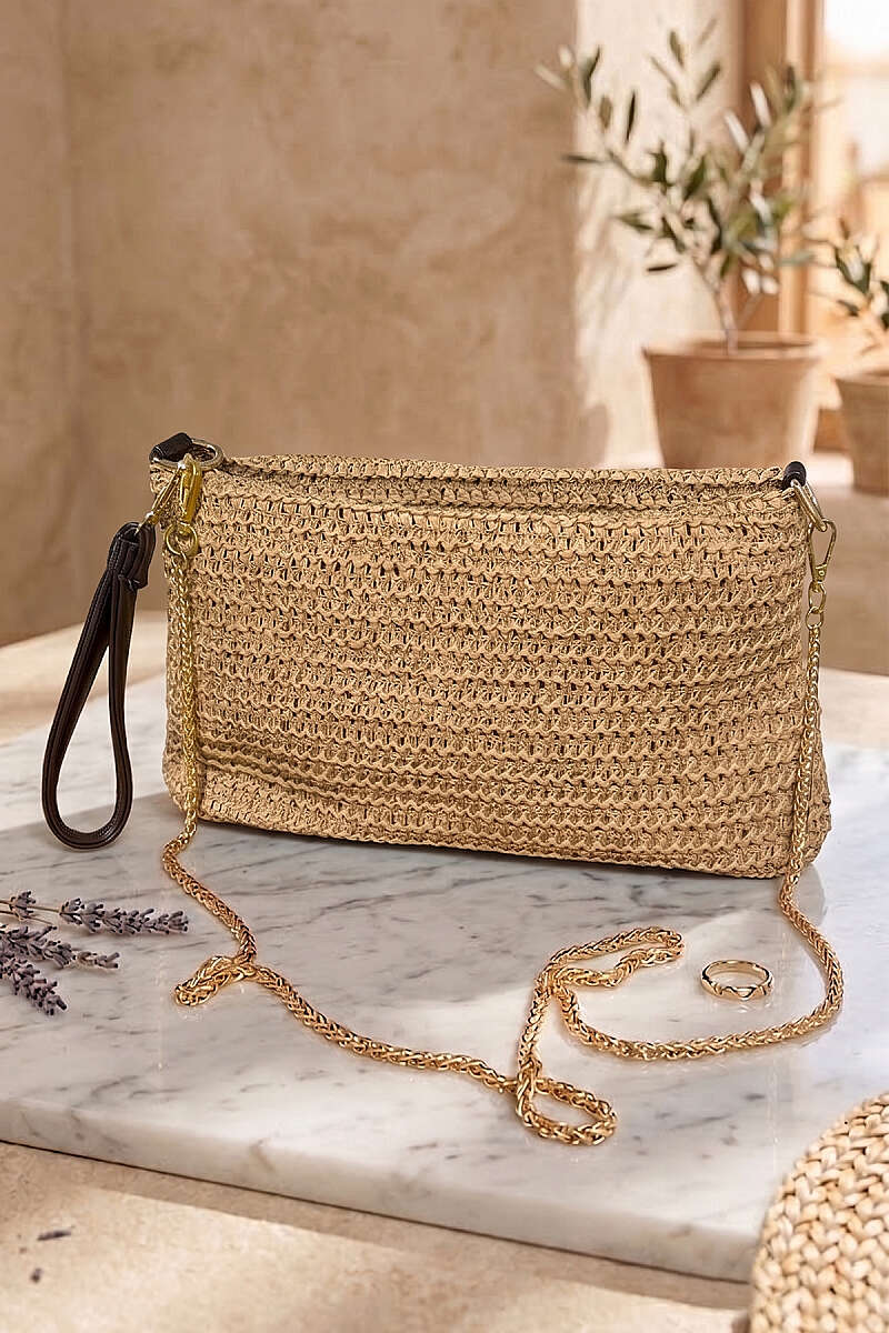 Rectangular Straw Bag with Chain Strap - Latte