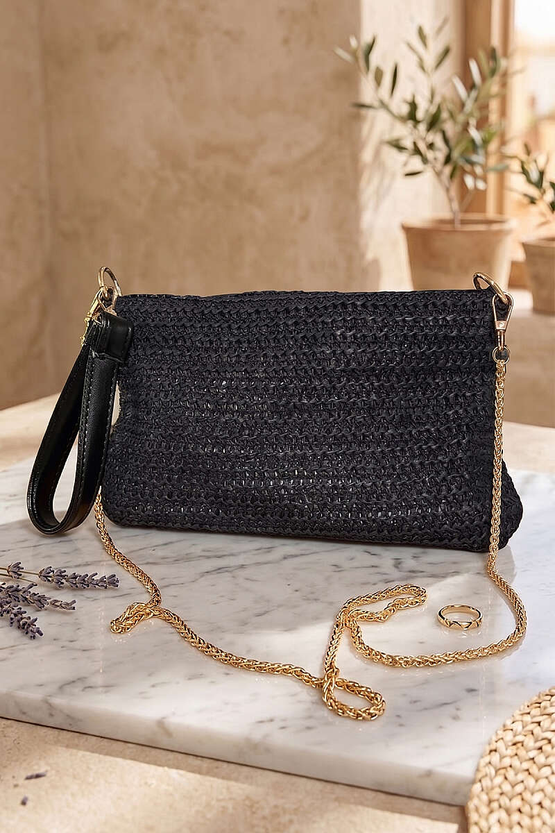 Rectangular Straw Bag with Chain Strap - Black