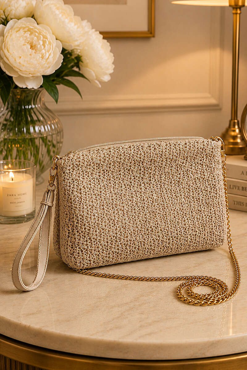 Rectangular Knit Bag with Chain Strap - Beige