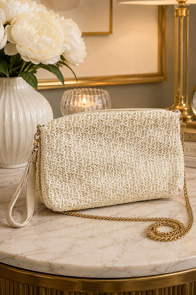 Rectangular Knit Bag with Chain Strap - Ecru